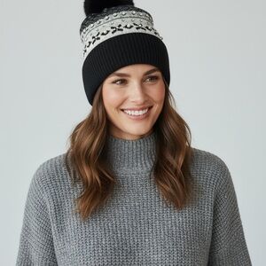 Nine West Black and Gray Knit Beanie with Pom Pom